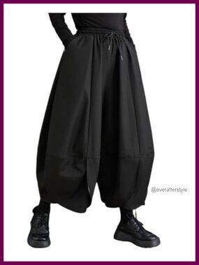 Women's Puffy Harem Wide Leg Pants Elastic Waist Drop Crotch Hakama